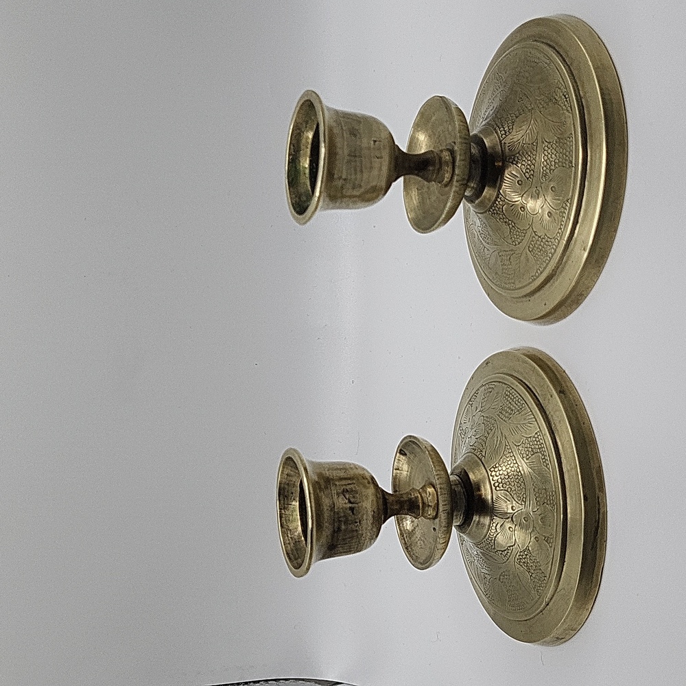 Vintage pair of Brass Candle Holders With Flowers Engraved